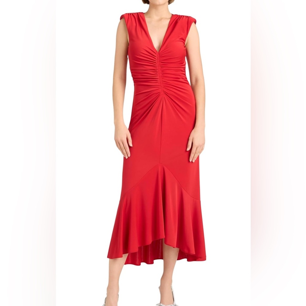 Cinq a Sept Red Ruched Maxi Dress V-Neck Sheath